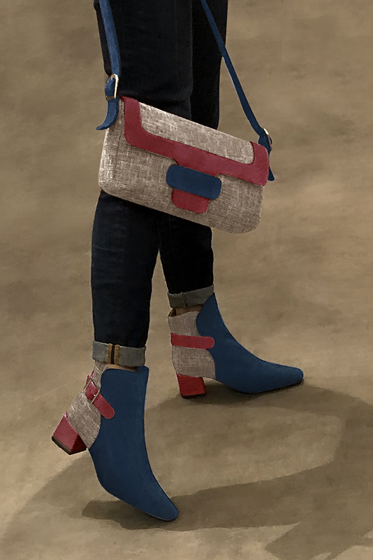 Natural beige, raspberry red and navy blue women's dress handbag, matching pumps and belts. Worn view - Florence KOOIJMAN